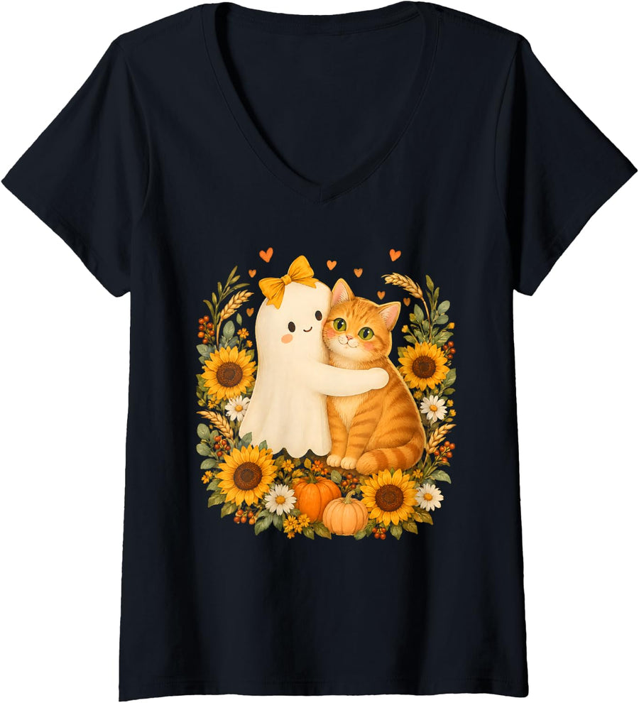Women's Ghost Hugging Ginger Cat Autumn Floral Wreath Cat Lover V-Neck T-Shirt - Black