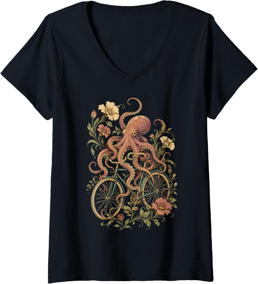 Women's Octopus Bicycle - Floral Vintage Bike Art V-Neck T-Shirt - Black