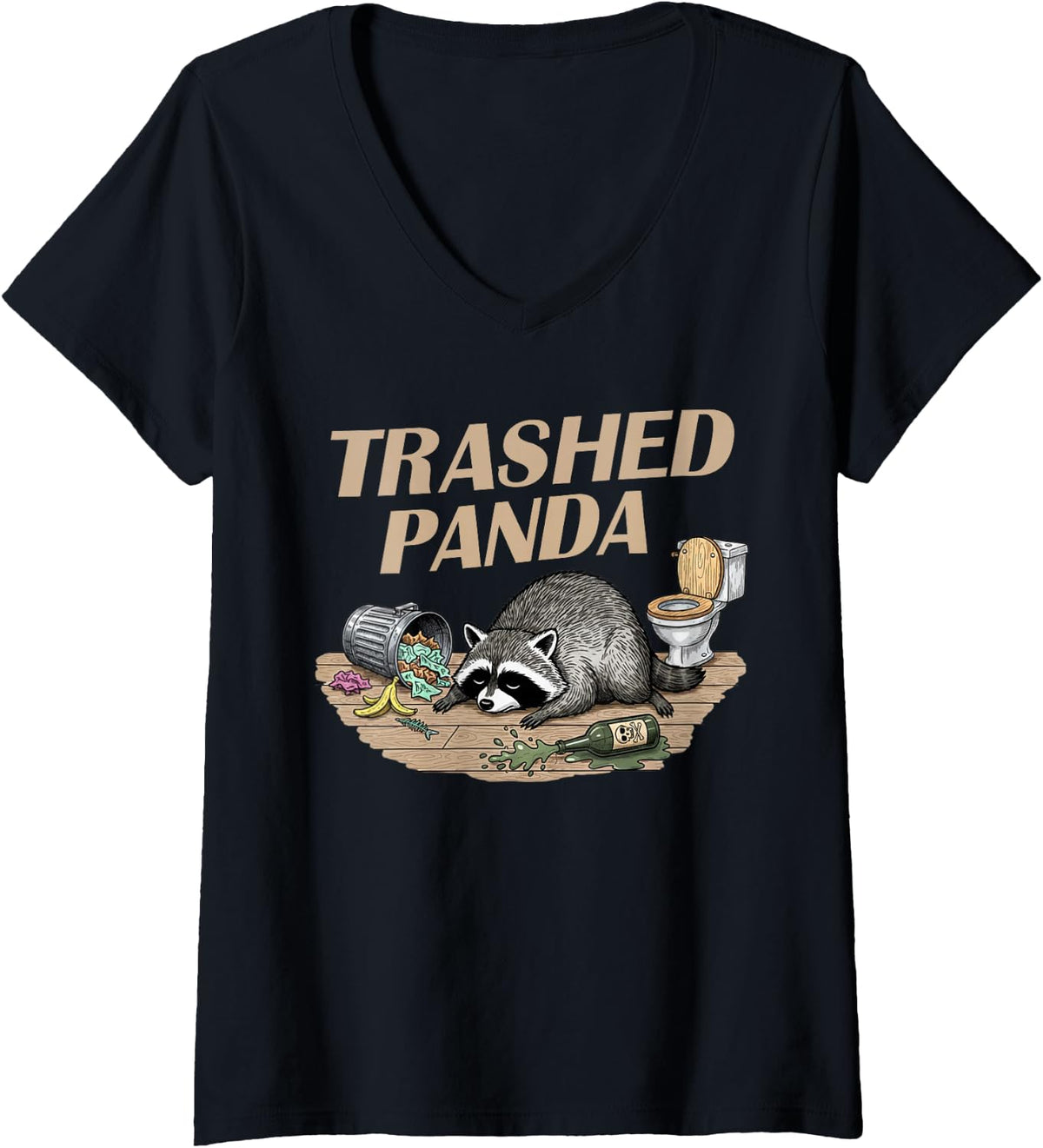 Women's Funny Trashed Panda Racoon Gets Drunk Racoon Meme V-Neck T-Shirt - Black