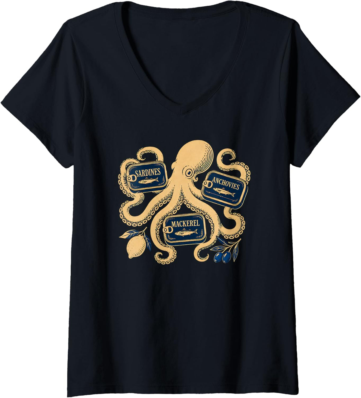 Women's Retro Octopus Sardines Tinned Fish Anchovy Mediterranean V-Neck T-Shirt - Black