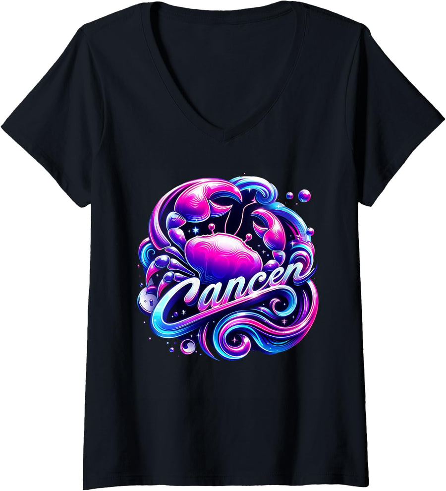 Women's Luminous Cancer Zodiac Crab Astrology Art V-Neck T-Shirt - Black