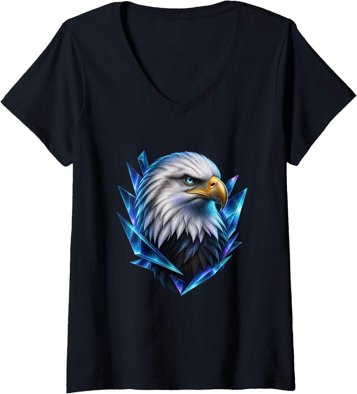 Women's Bald Eagle with Aqua Geometric Prisms V-Neck T-Shirt - Black