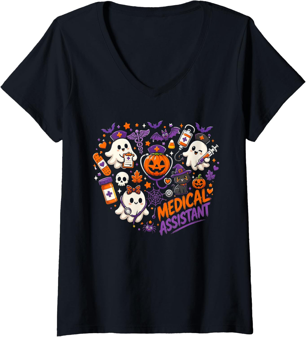 Women's Medical Assistant CMA Nursing Spooky Ghost Heart Halloween V-Neck T-Shirt - Black
