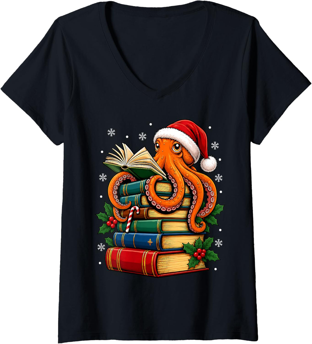 Women's Festive Octopus Christmas Books V-Neck T-Shirt - Black