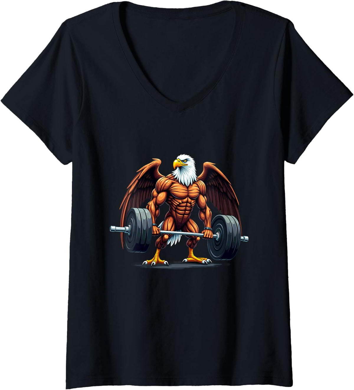 Women's Workout Gym Eagle Deadlift Weightlifting V-Neck T-Shirt - Black