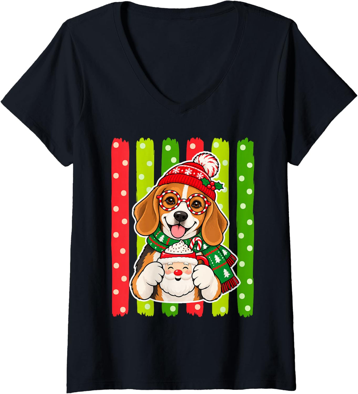 Women's Christmas Beagle with Cocoa and Santa Hat V-Neck T-Shirt - Black