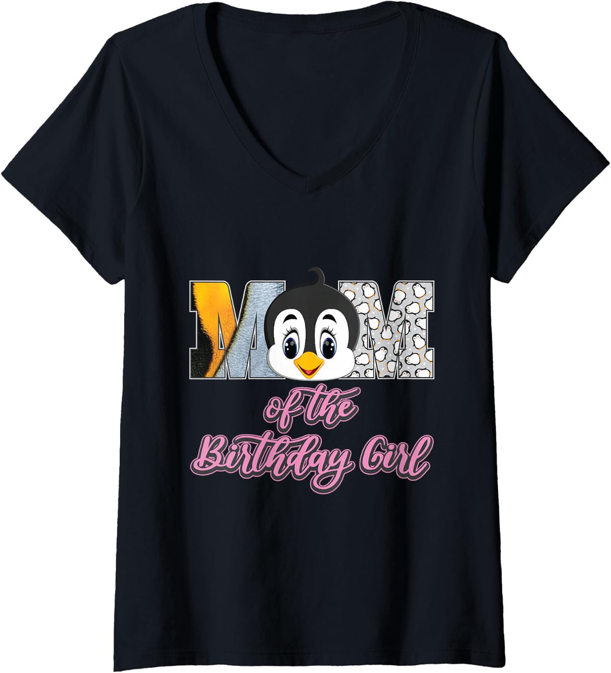 Women's Funny Mom of the Birthday for Girl Penguin Lover Mommy V-Neck T-Shirt - Black