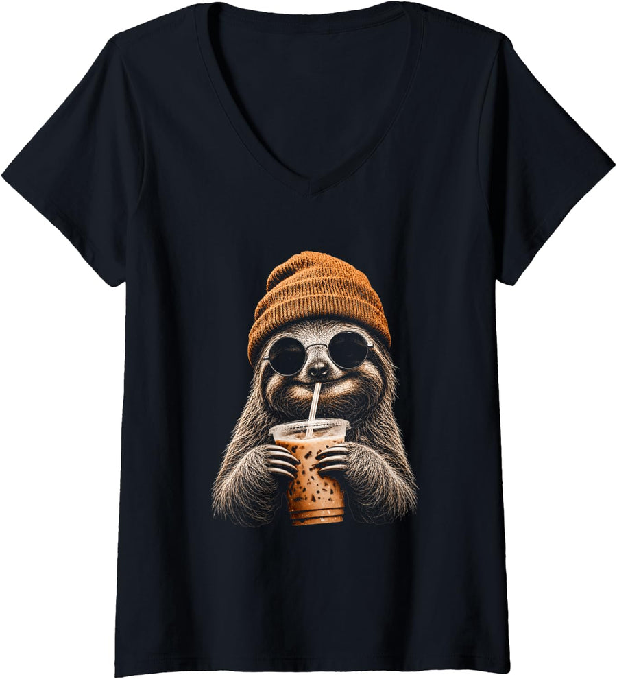 Women's Sloth Drinking Iced Coffee Funny Hipster Sloth Lover V-Neck T-Shirt - Black