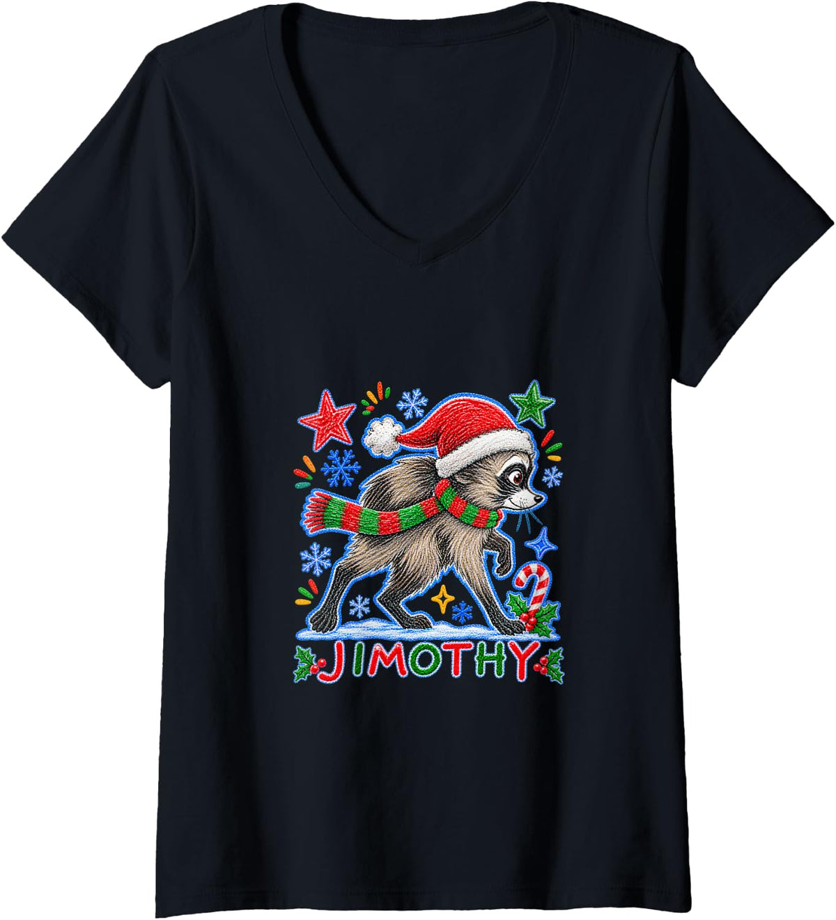 Women's Jimothy Raccoon Cute Santa Holiday Funny Christmas V-Neck T-Shirt - Black