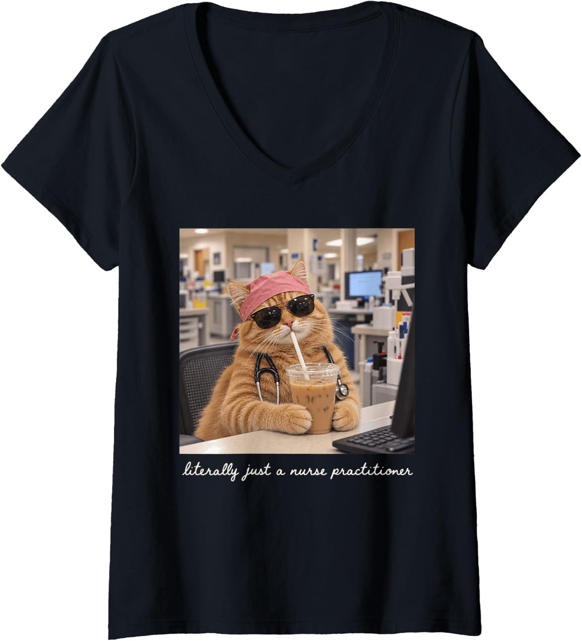 Women's Literally Just a Nurse Practitioner Sleepy Cat Coffee V-Neck T-Shirt - Black