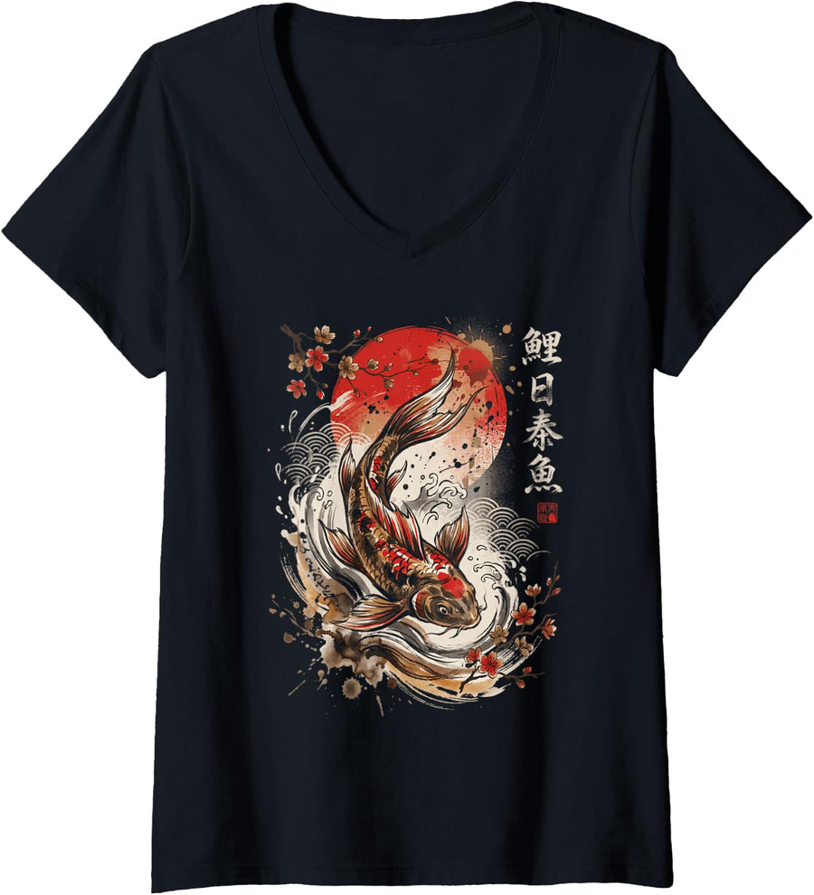 Women's Japanese Koi Fish Wave Red Japan Sun Kanji Art V-Neck T-Shirt - Black