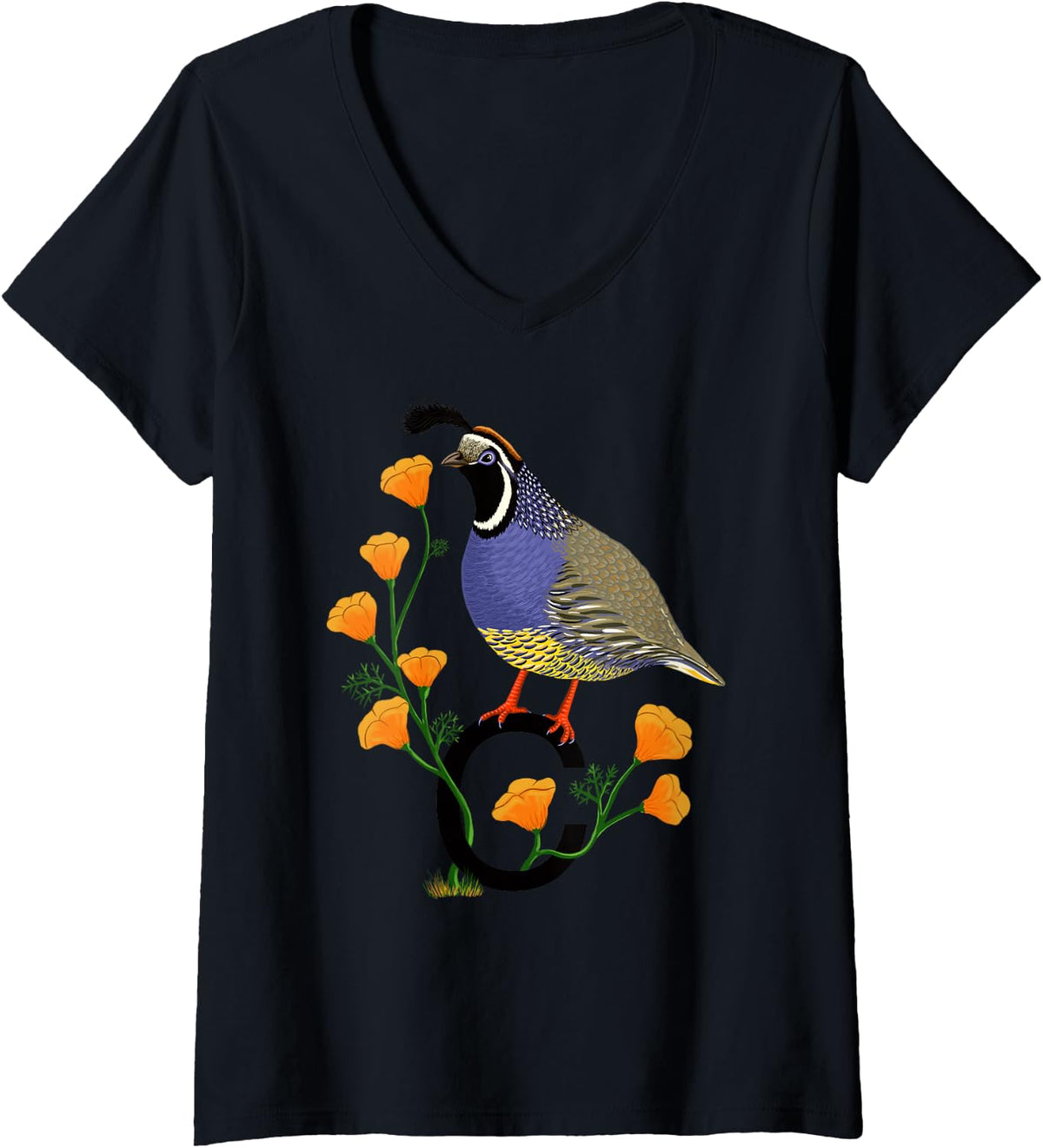 Womens California Quail State Bird Californian Poppy Flowers V-Neck T-Shirt - Black
