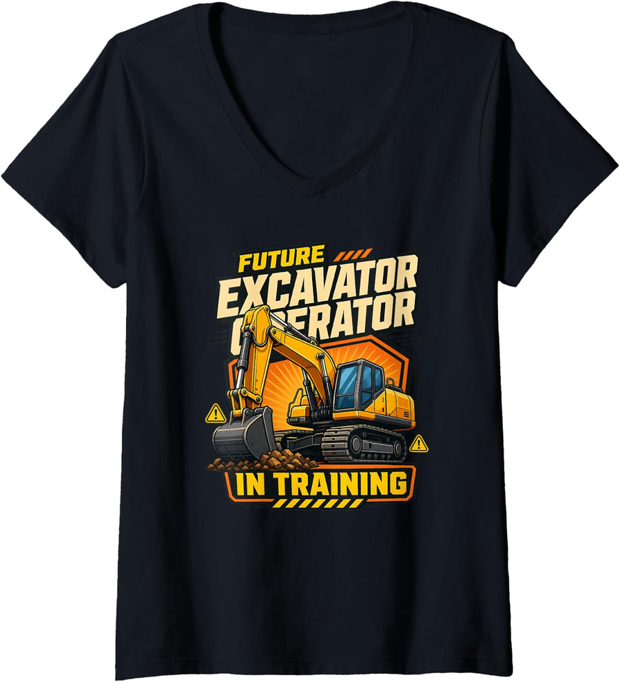 Women's Future Excavator Operator in Training Heavy Equipment V-Neck T-Shirt - Black