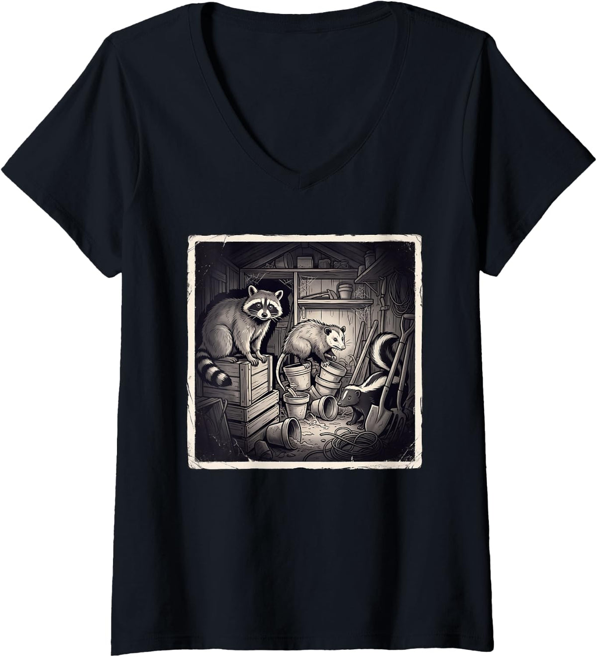 Women's Funny Raccoon Opossum Skunk Distressed Shed Scavengers V-Neck T-Shirt - Black