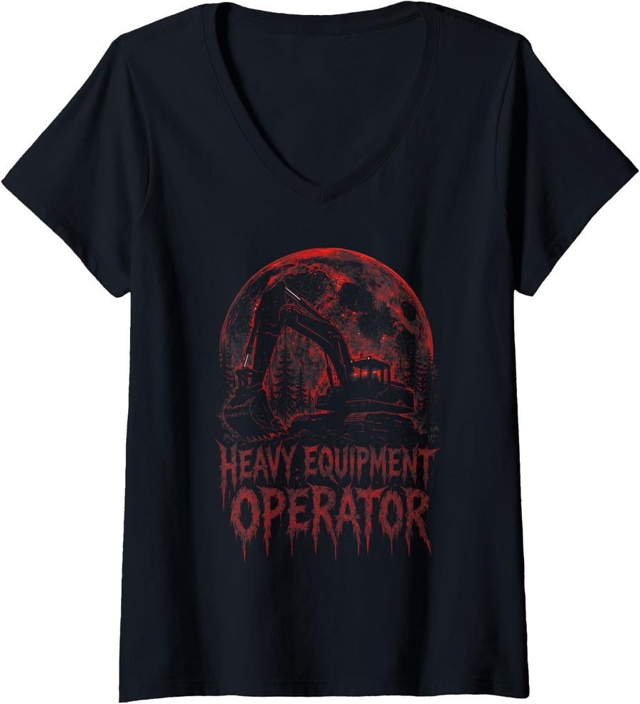 Women's Heavy Equipment Operator Funny Excavator Halloween V-Neck T-Shirt - Black