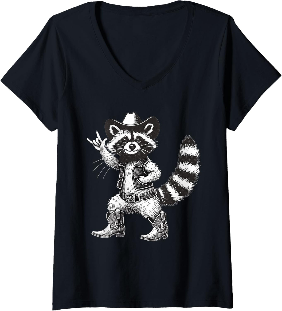 Women's Vintage Raccoon Cowboy Cowgirl Trash Panda Racoon Meme Lover V-Neck T-Shirt - Black