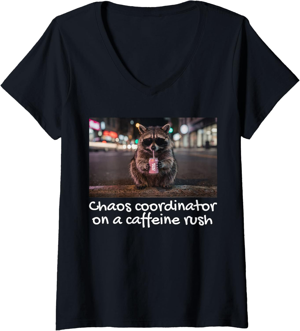 Women's 99% Caffeine 1% Trash Panda Funny Raccoon V-Neck T-Shirt - Black
