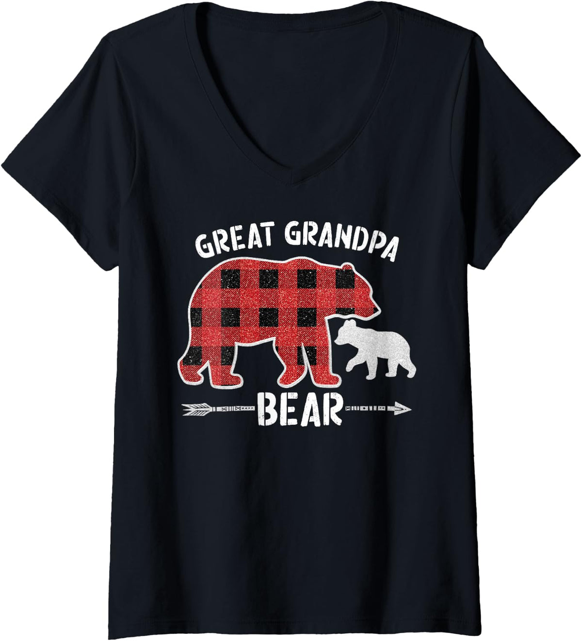 Women's Red Plaid Great Grandpa Bear Buffalo Christmas Pajama Family V-Neck T-Shirt - Black