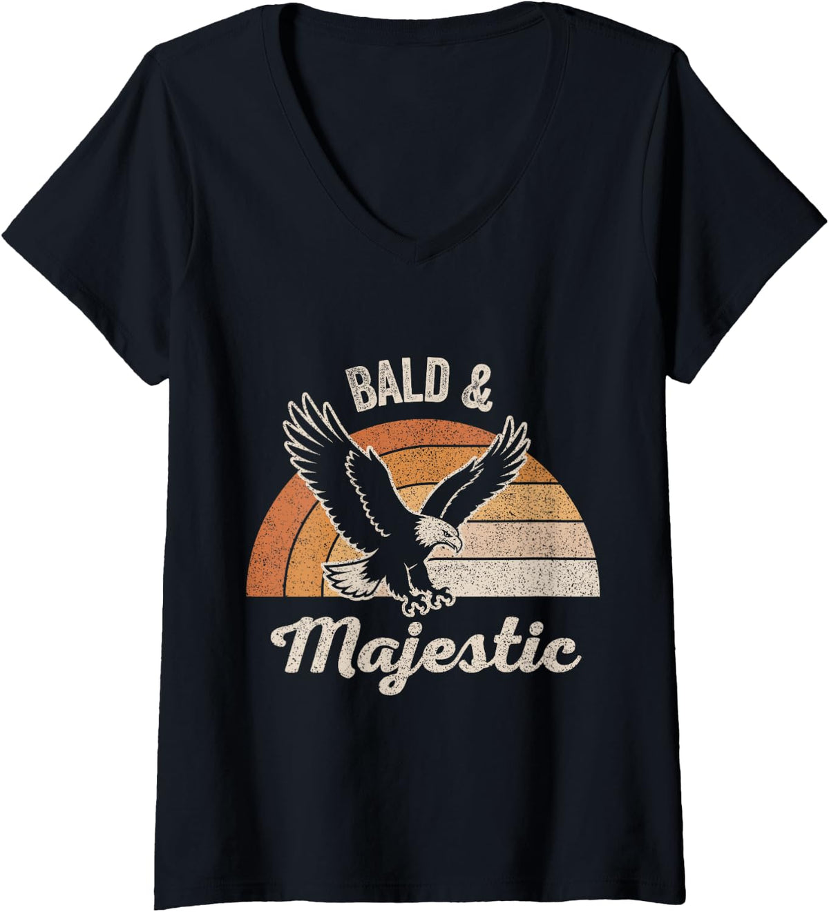 Women's Bald & Majestic Funny Eagle Retro Sunset Graphic V-Neck T-Shirt - Black