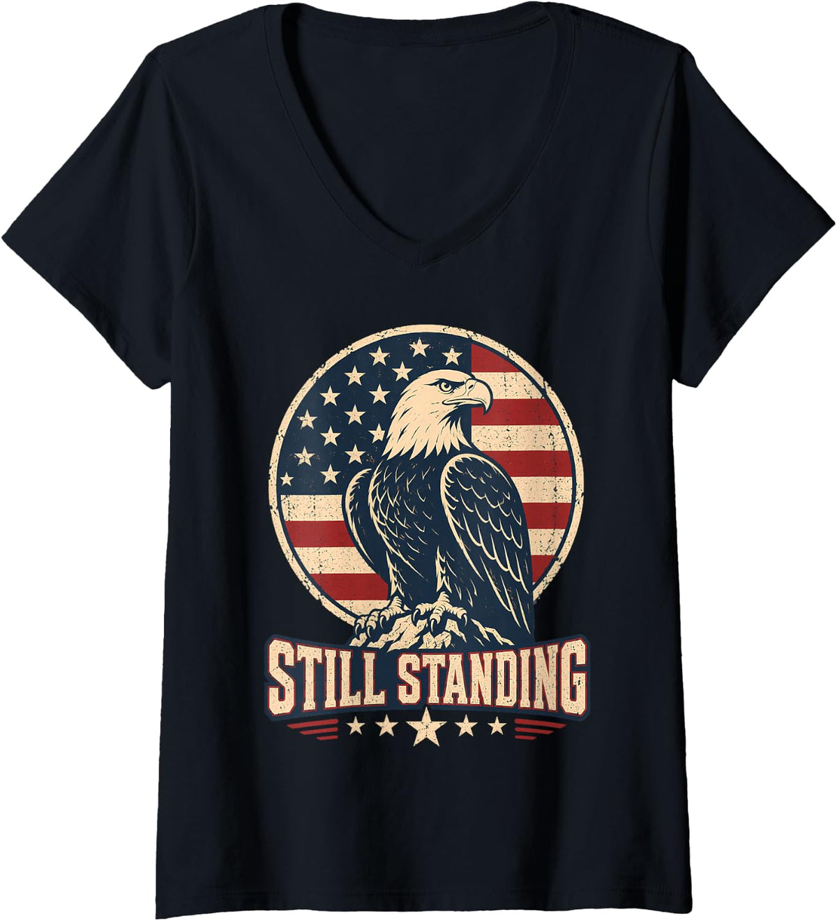 Women's American Bald Eagle Still Standing Flag Vintage V-Neck T-Shirt - Black