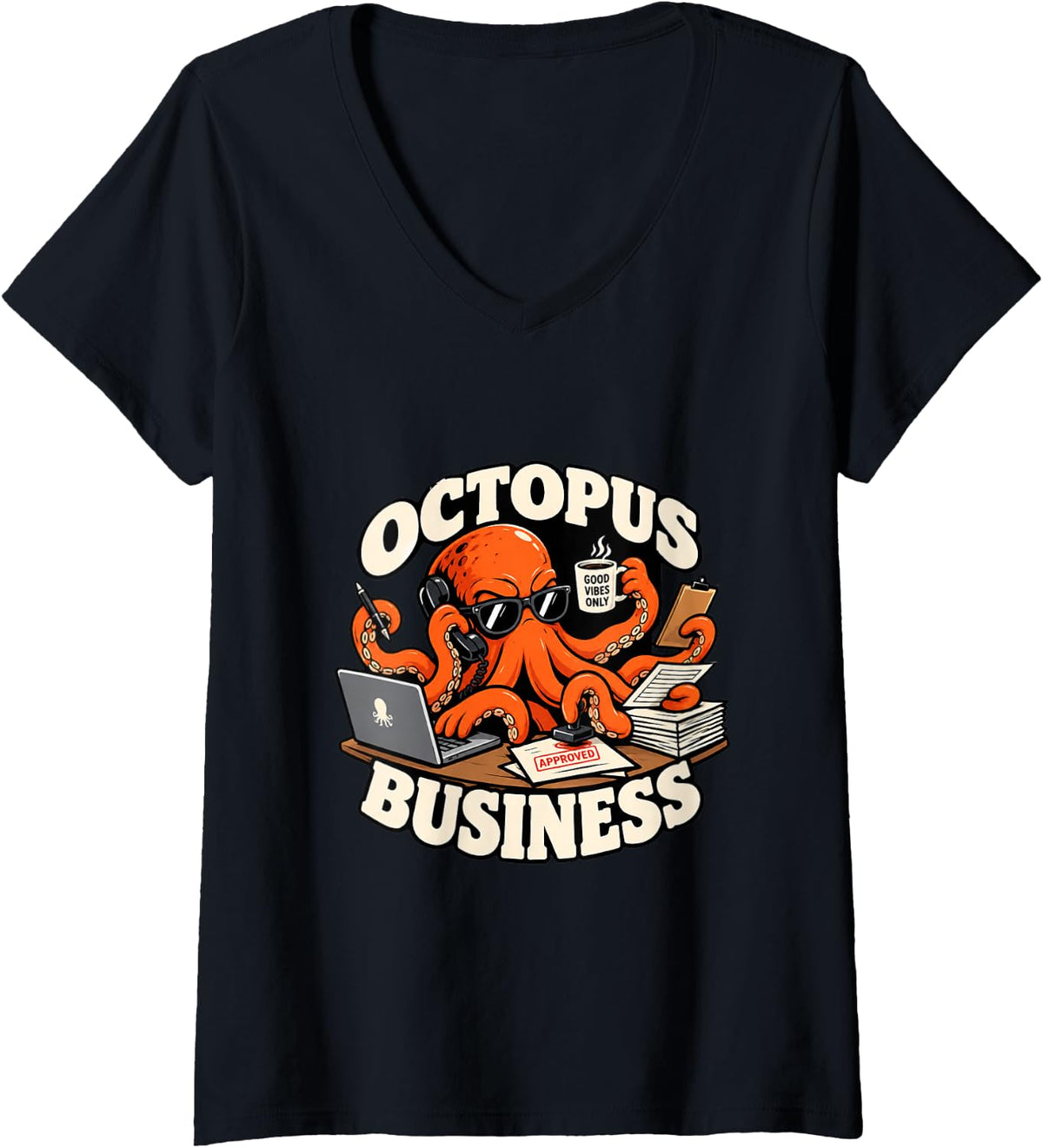 Women's Octopus Business Office Humor Funny Squid Leaving Gift V-Neck T-Shirt - Black