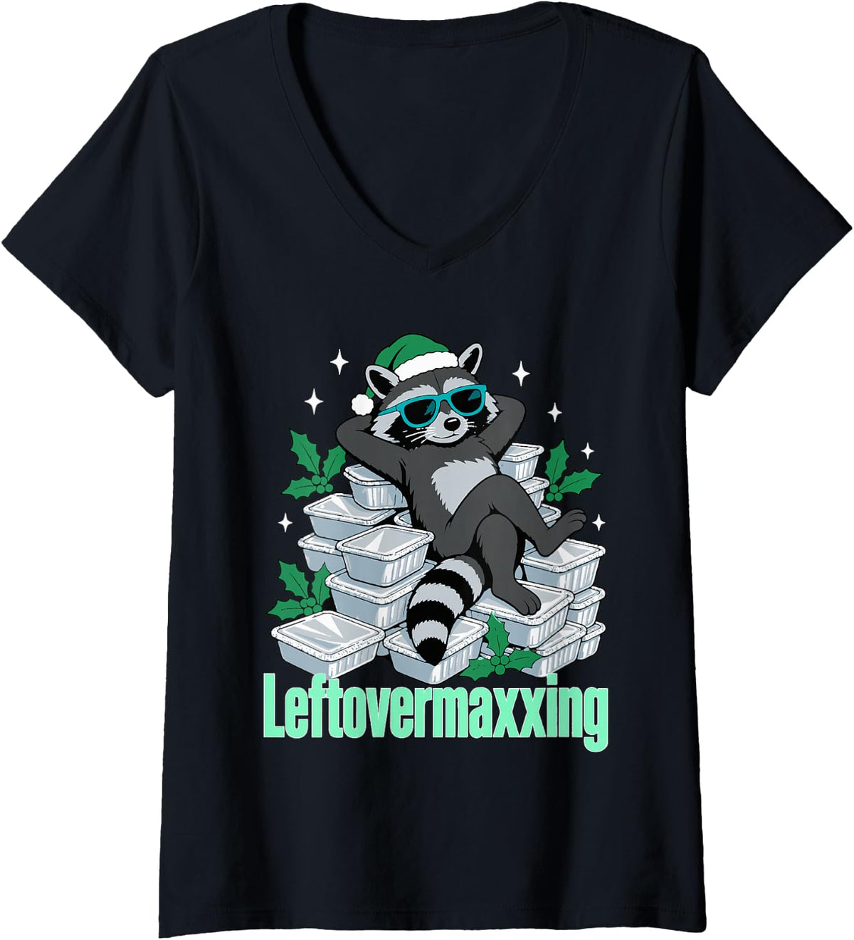 Women's Leftovermaxxing Raccoon Christmas Trash Panda V-Neck T-Shirt - Black