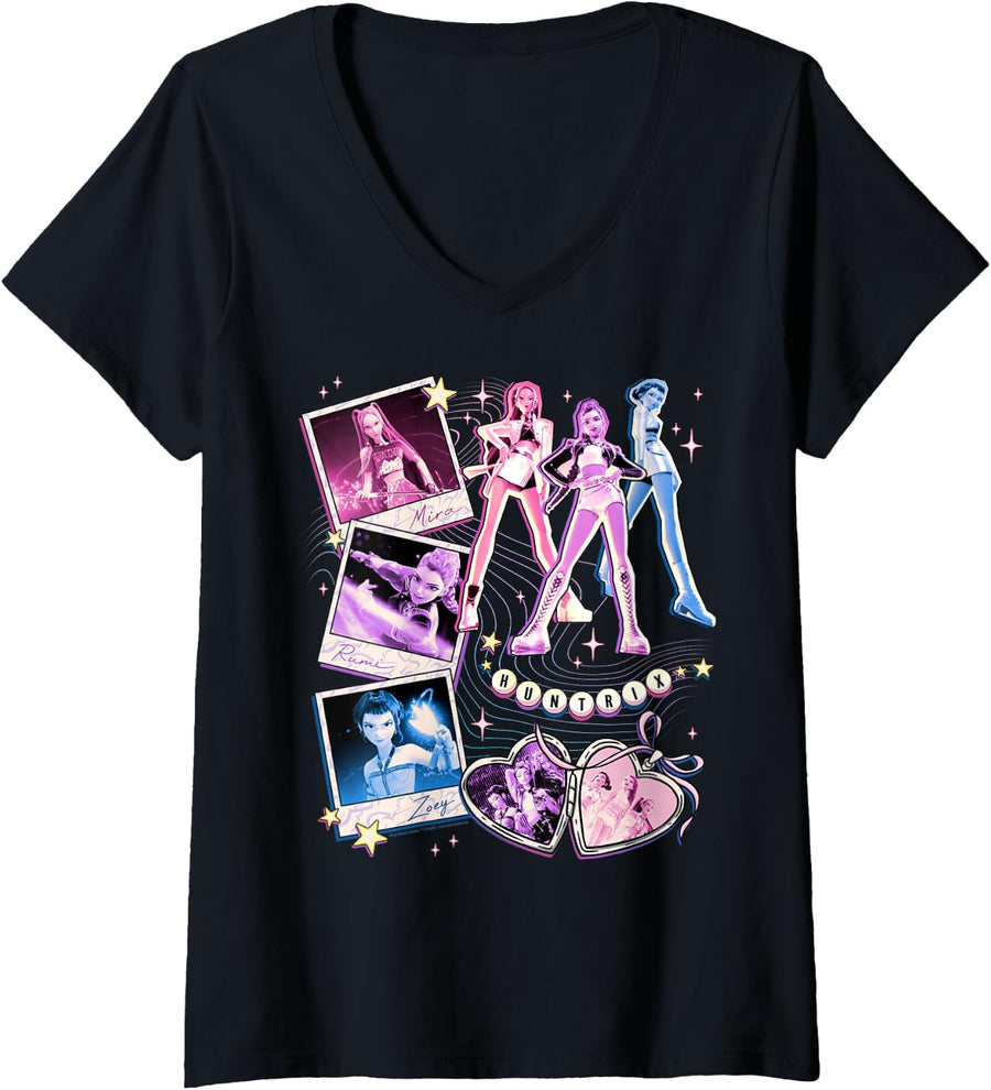 Womens Kpop Demon Hunters Mira Rumi & Zoey BFF's Collage V-Neck T-Shirt - Black