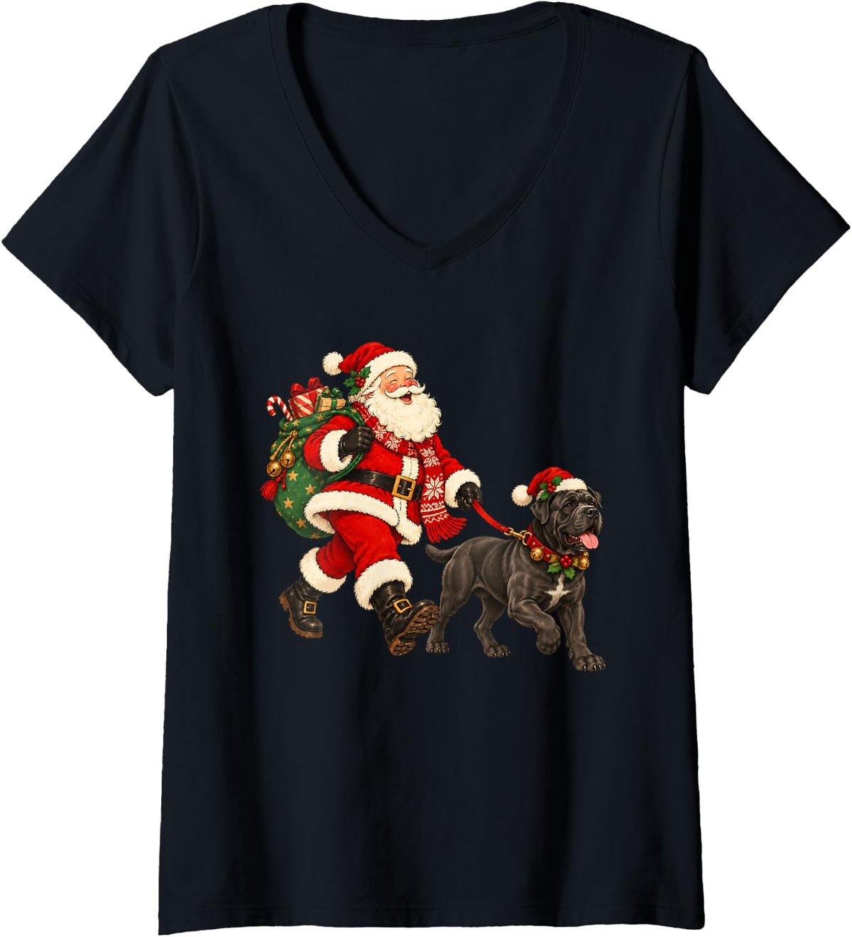 Women's Cane Corso Christmas Dog Walking with Santa Holiday Dog V-Neck T-Shirt - Black