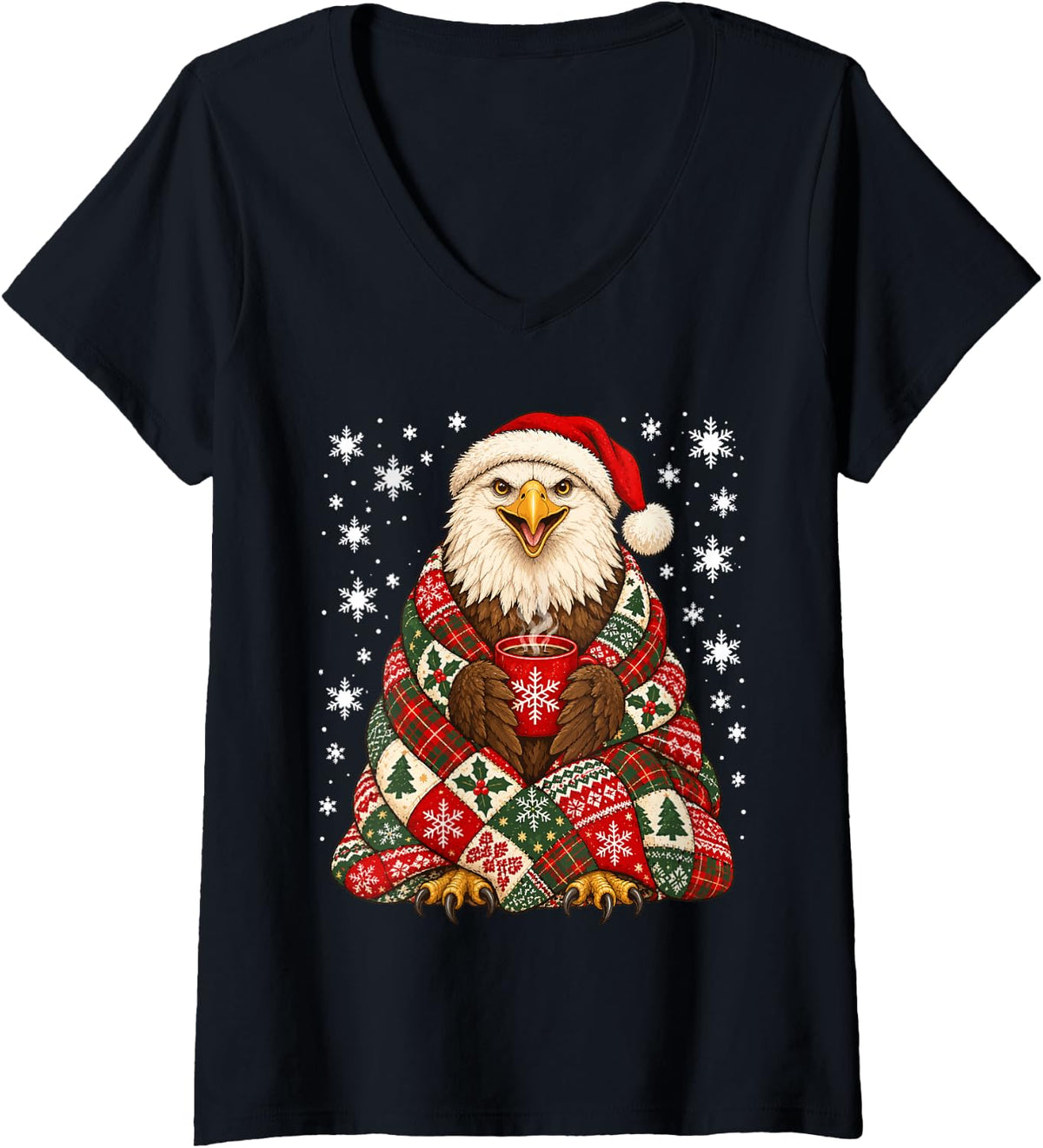 Women's Christmas Bald Eagle with Coffee Snowflakes Winter Animal V-Neck T-Shirt - Black