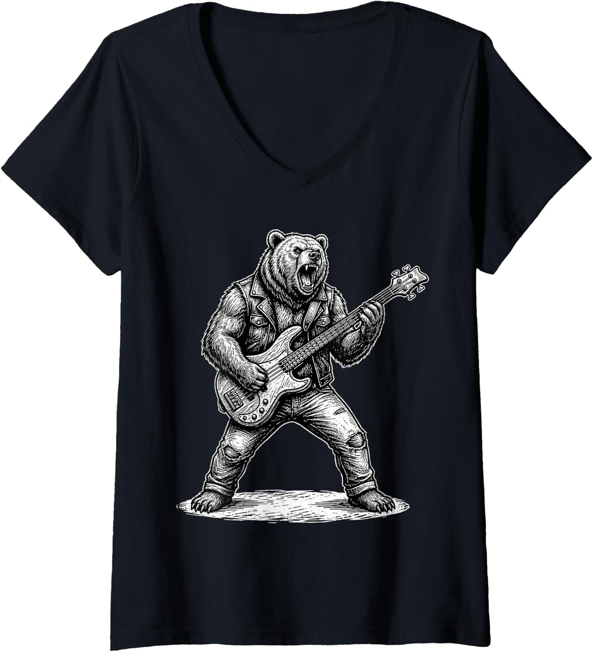 Women's Bear Bass Guitar Player Bassist Bass Guitarist Band Tee V-Neck T-Shirt - Black