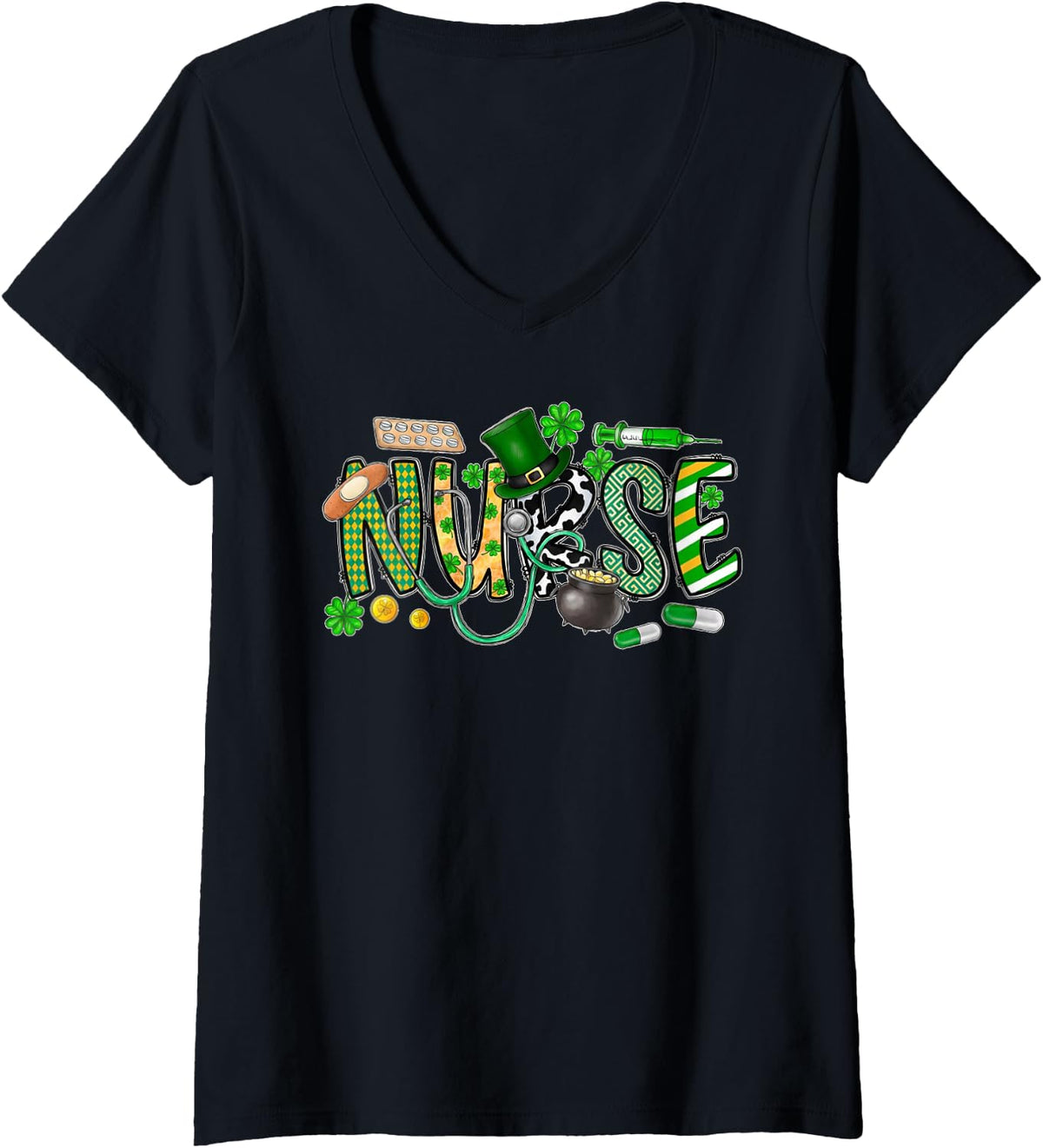 Women's Irish Nurse Stethoscope Scrub St Patricks Day Nurses Women V-Neck T-Shirt - Black