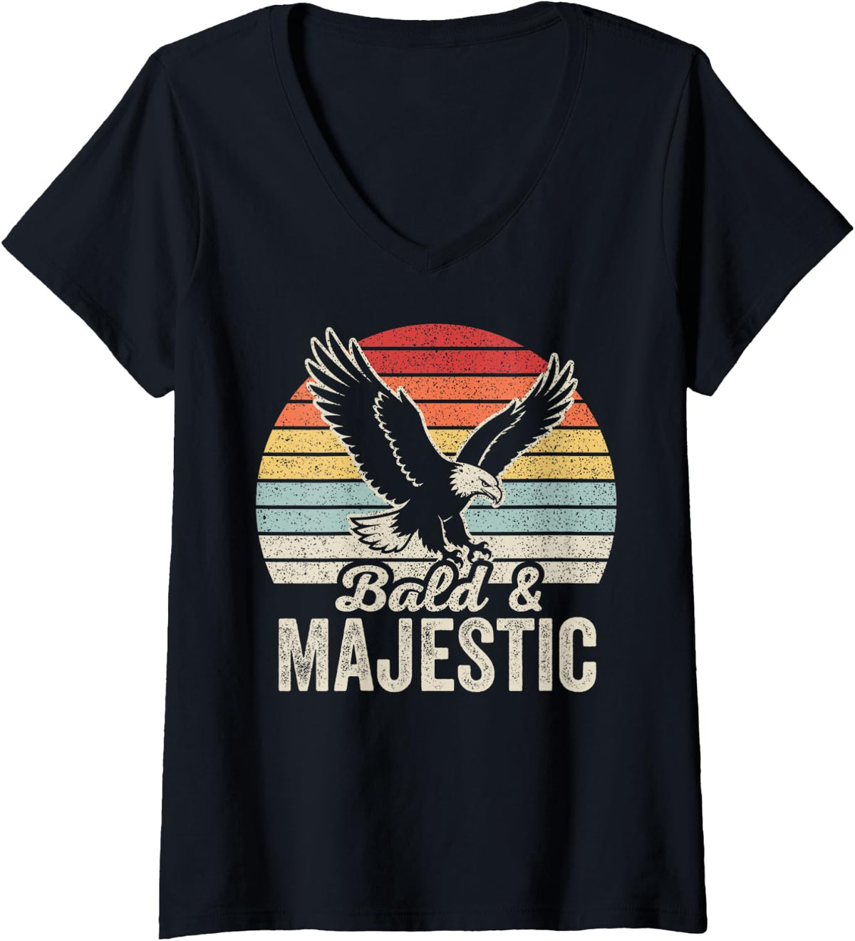 Women's Bald & Majestic Funny Eagle Retro Vintage Sunset Graphic V-Neck T-Shirt - Black