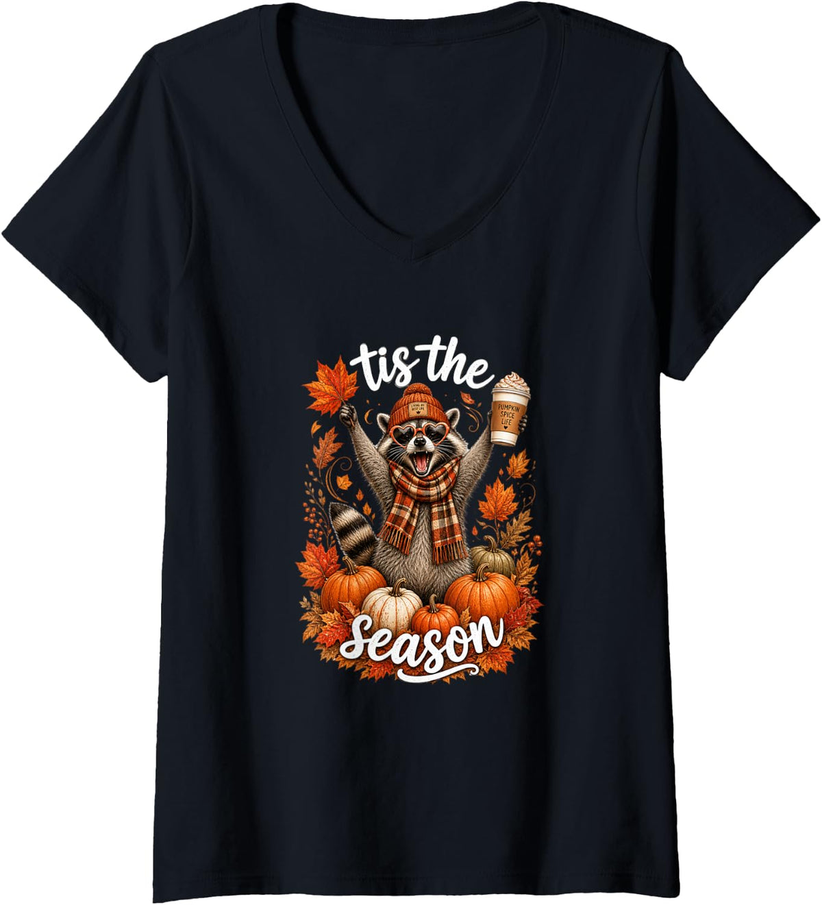 Women's Tis the Season Trash Panda Fall Raccoon Latte V-Neck T-Shirt - Black