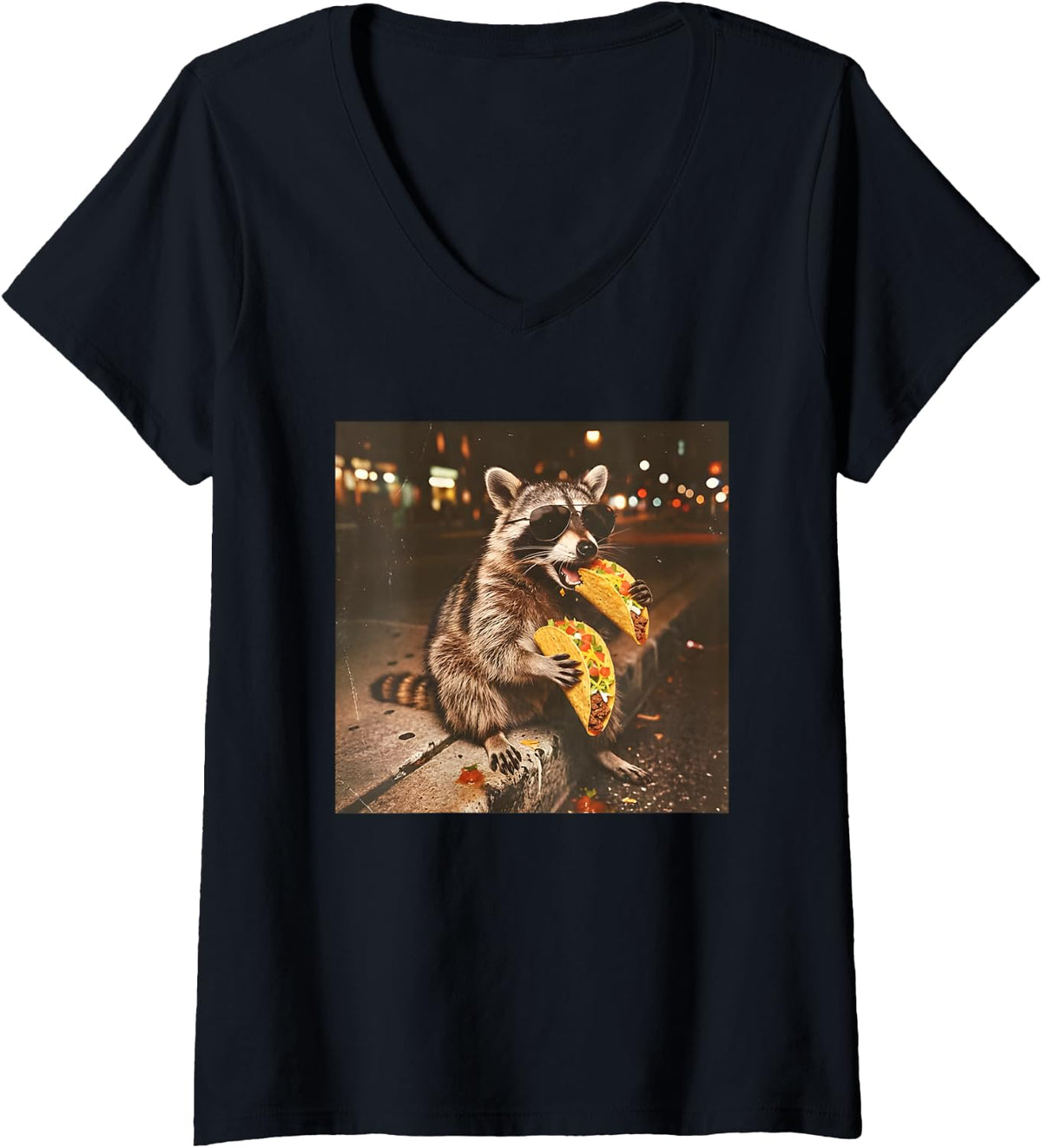 Women's Funny Raccoons Eating Taco Meme Trash Panda Food V-Neck T-Shirt - Black