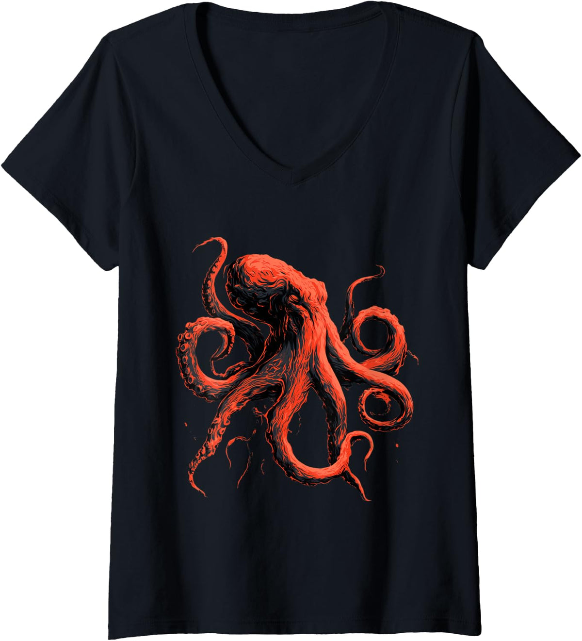 Women's Vintage Red Octopus Deep Sea Kraken Ocean Design V-Neck T-Shirt - Black