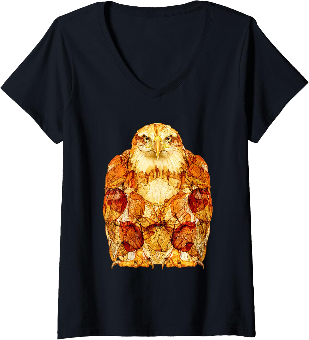 Women's Bald Eagle with Autumn Leaves Artistic Fall Bird Art V-Neck T-Shirt - Black