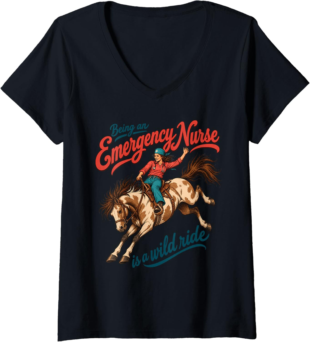 Women's Emergency Nurse Horse Rodeo Western Medical Humor Cowgirl V-Neck T-Shirt - Black