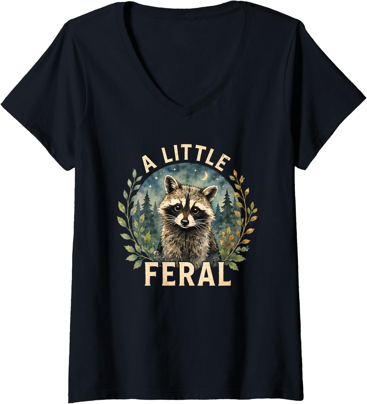 Women's A Little Feral Raccoon Vintage Trash Panda Forest Design V-Neck T-Shirt - Black