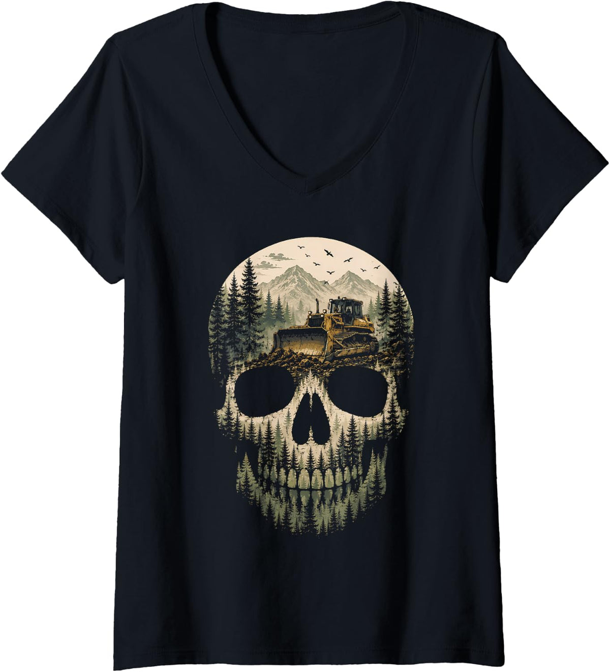 Women's Heavy Equipment Operator Bulldozer Skull Dozer V-Neck T-Shirt - Black