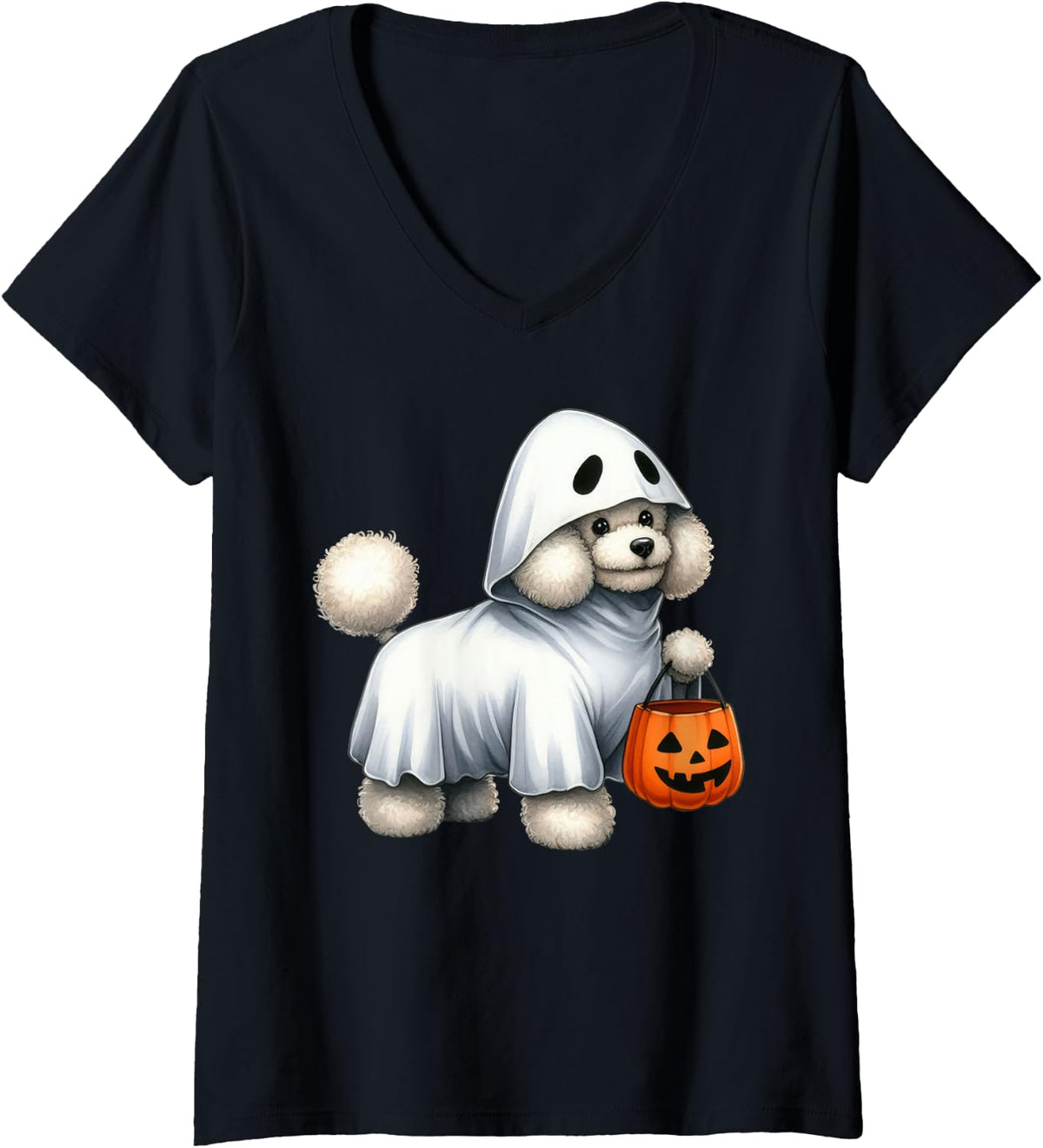 Womens Poodle Dog Halloween Costume Ghost White Poodle Pumpkin V-Neck T-Shirt - Black