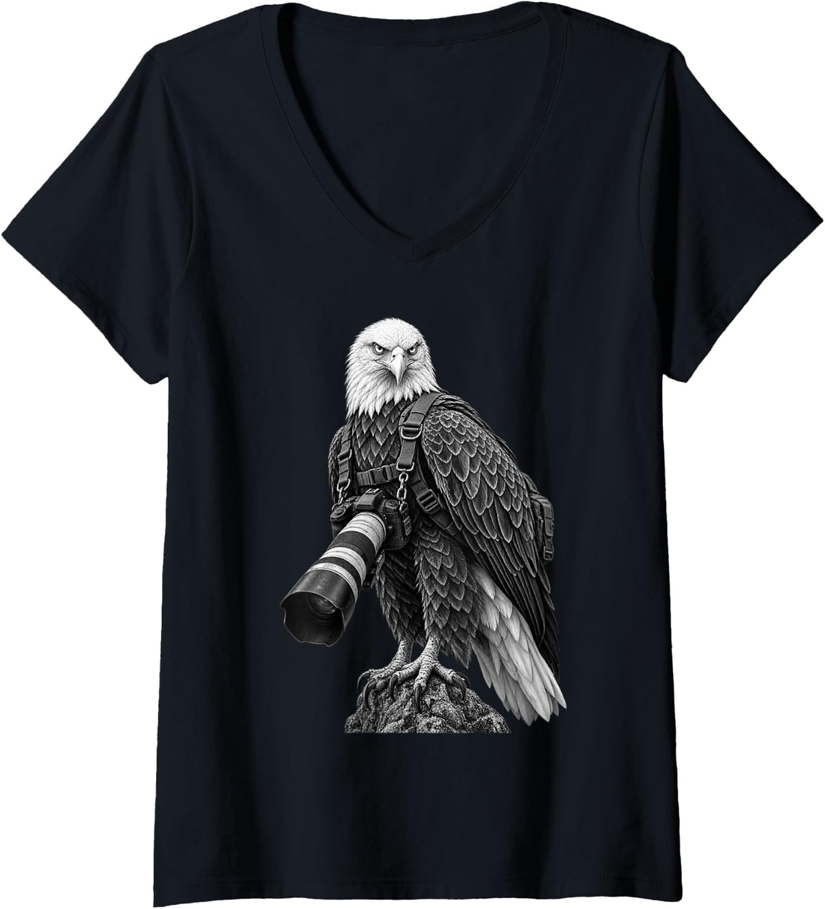 Women's Bald Eagle Photographer with Camera V-Neck T-Shirt - Black