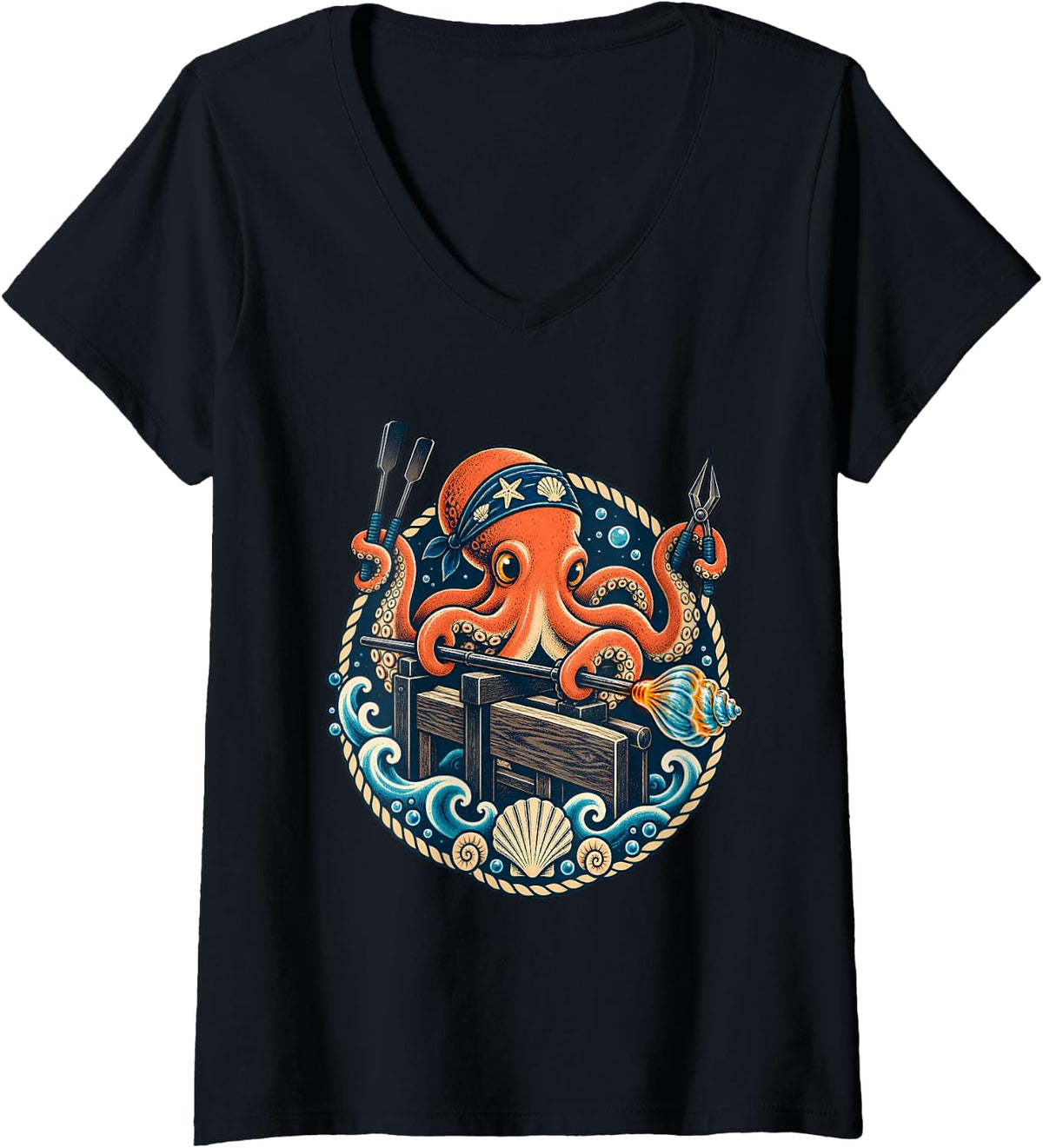 Women's Octopus Glass Blowing Hot Glass Artist V-Neck T-Shirt - Black