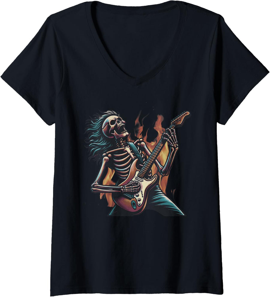 Women's Skeleton Metalhead Playing Heavy Metal Guitar V-Neck T-Shirt - Black