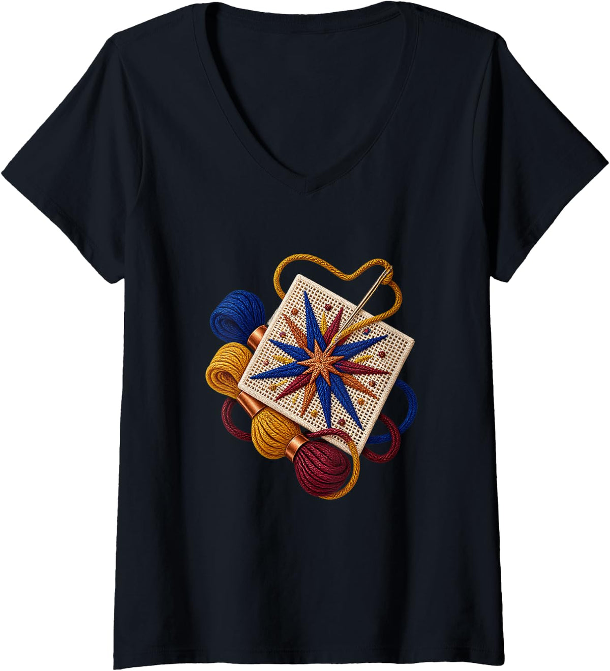 Women's Radiant Ornate Embroidery Sampler with Scissors and Thread V-Neck T-Shirt - Black