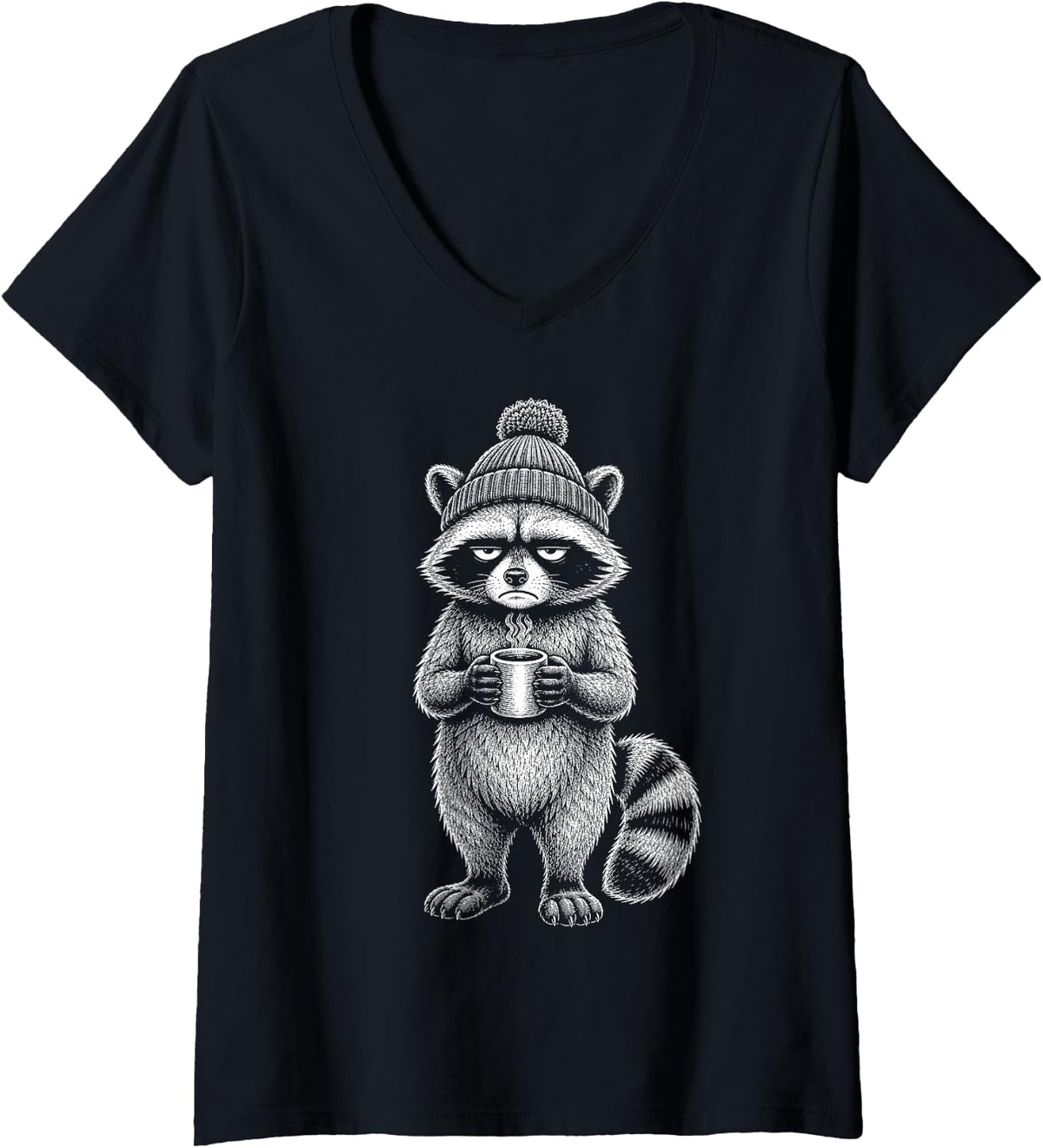 Women's Grumpy Raccoon Drinking Coffee Lover Funny Trash Panda V-Neck T-Shirt - Black