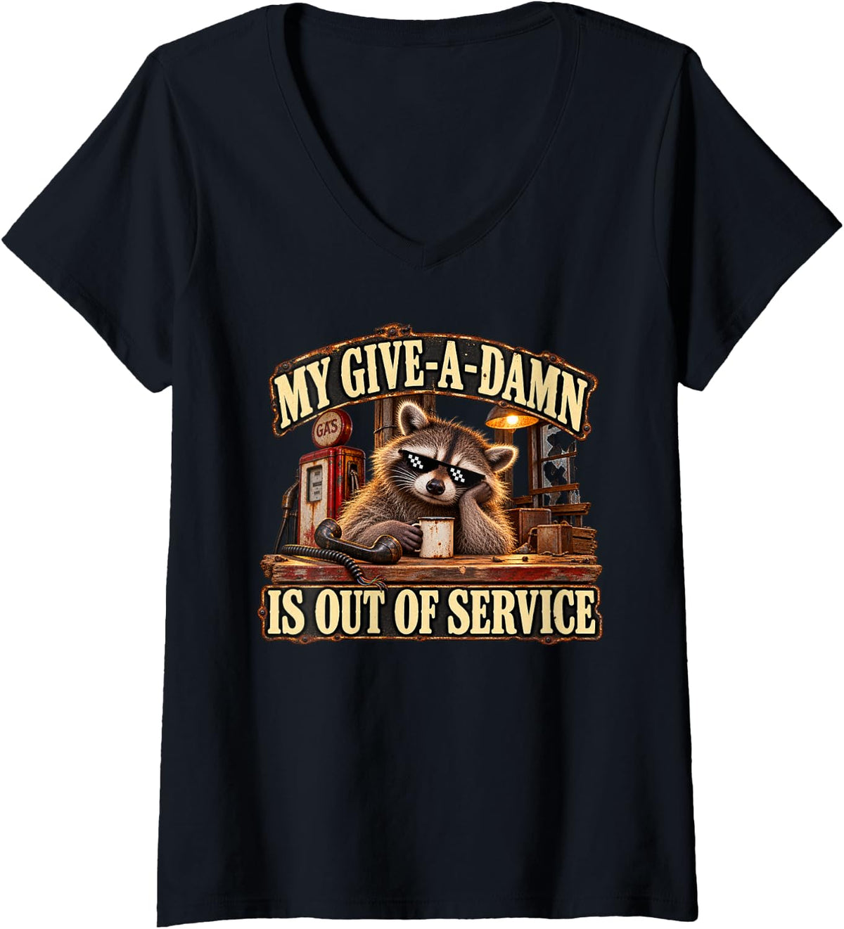 Women's Out of Service, Funny Raccoon, Sarcastic Humor V-Neck T-Shirt - Black