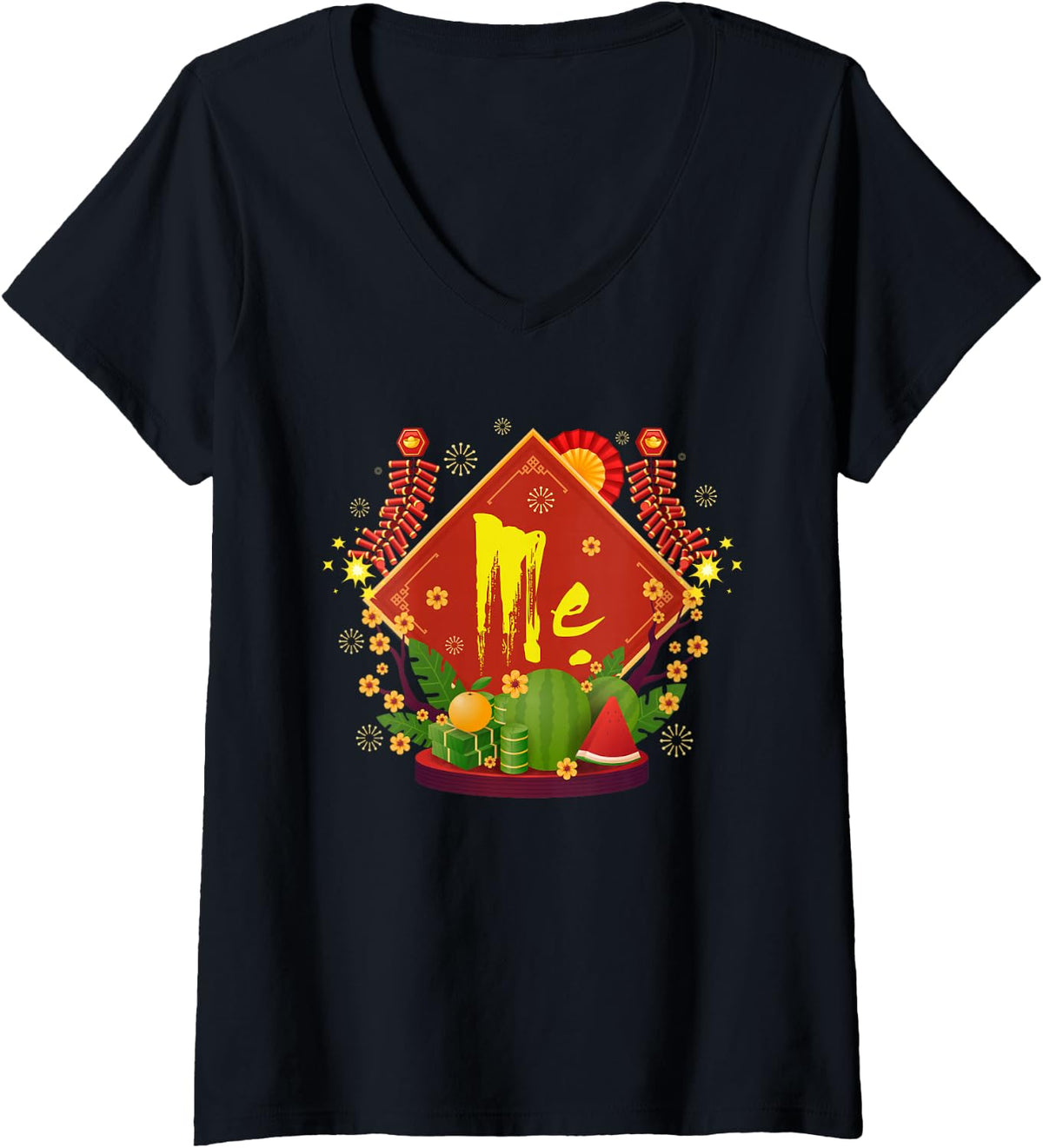 Women's Happy Vietnamese New Year TET Holiday Matching Family Mom V-Neck T-Shirt - Black