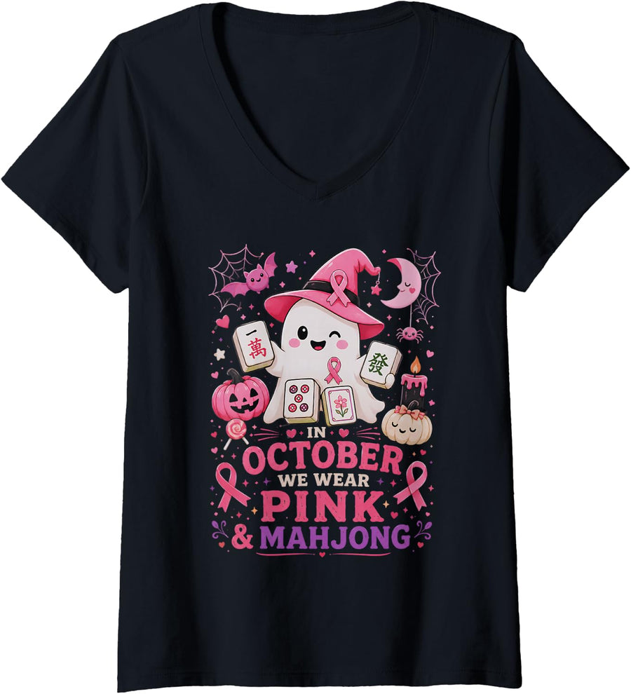 Women's Mahjong Cancer Awareness Mahjong Ghost Funny Halloween V-Neck T-Shirt - Black