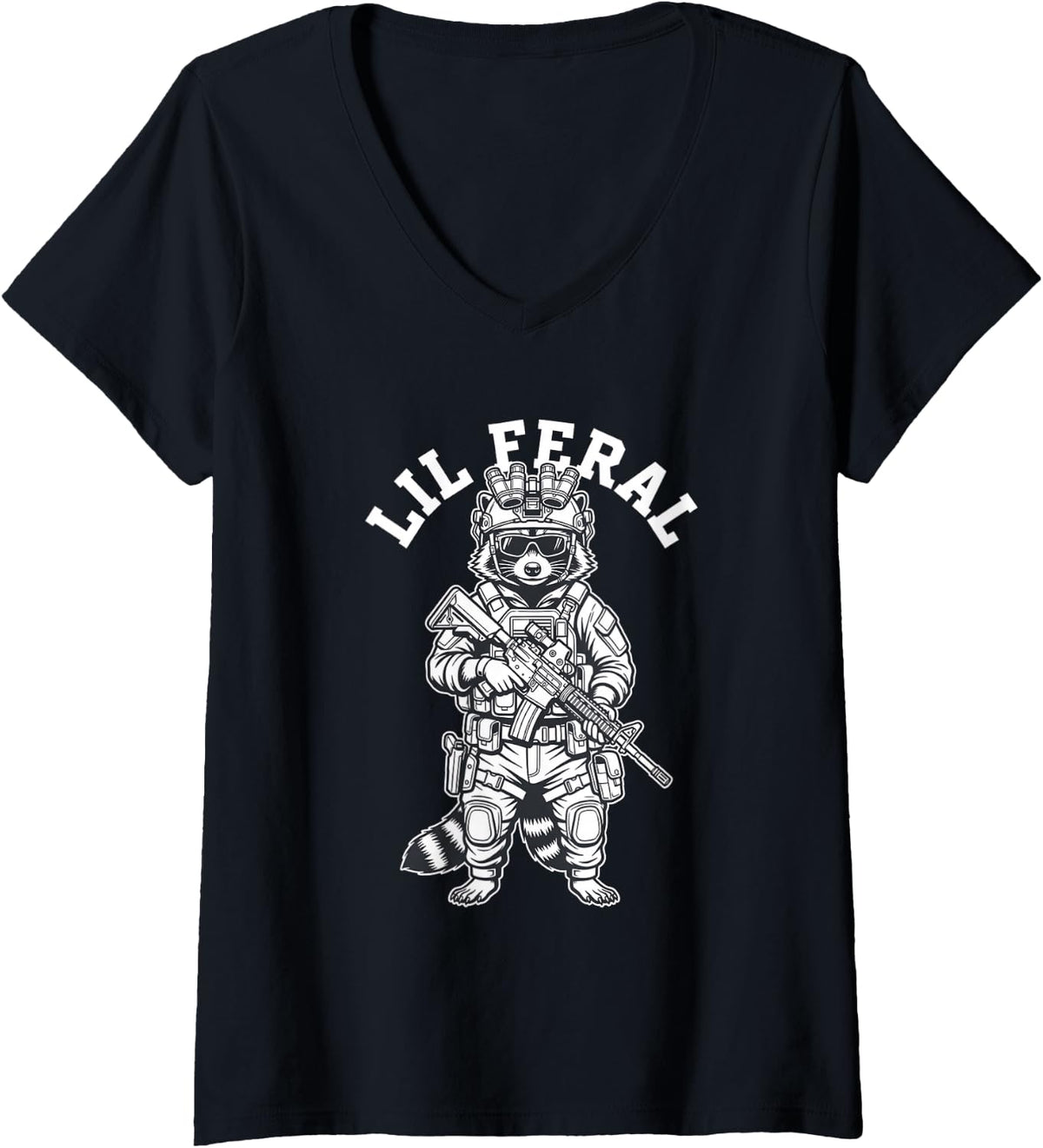 Women's Lil Feral Tactical Raccoon Military Gear V-Neck T-Shirt - Black