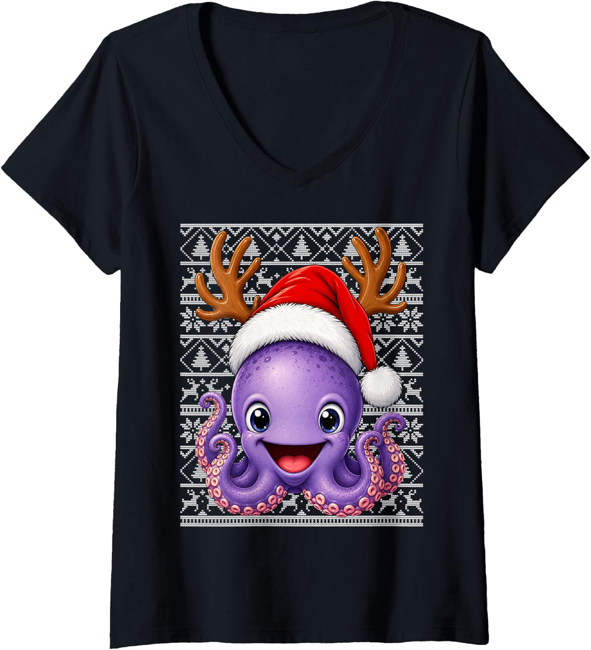 Women's Octopus Christmas Santa Hat Ugly Sweaters Octopus Xmas V-Neck T-Shirt - Black